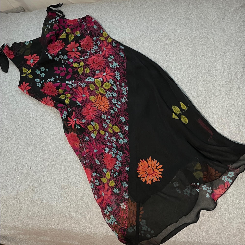 Y2K Fairy Grunge Midi Dress Womens 8 Whimsigoth Dark Romantic Cowl Floral Moody